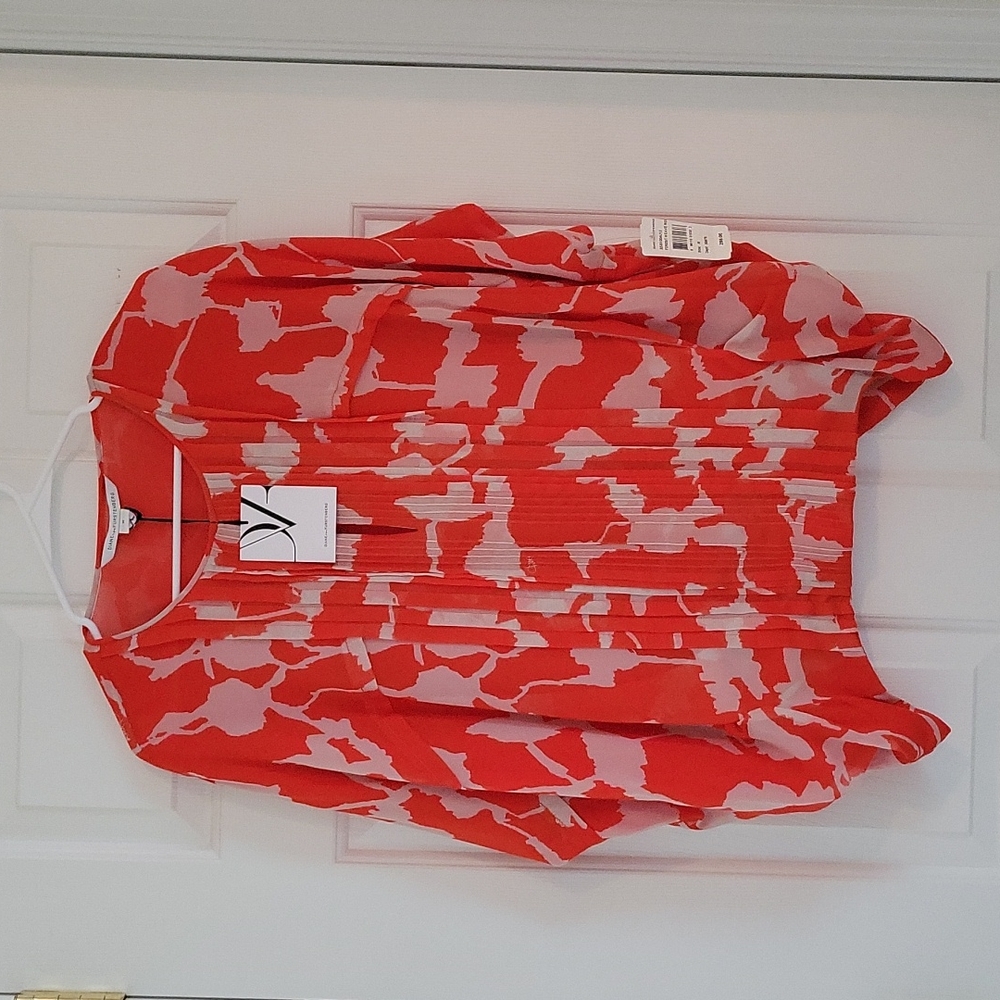 Dian Von Furstenberg Silk Blouse Red & Beige Size M NWT